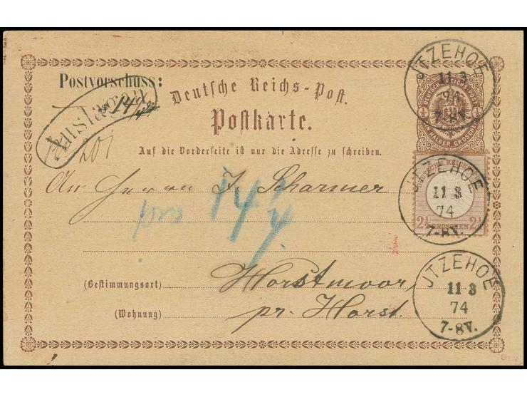 2½ Gr. lilabraun als Zusatzfrankatur auf 1873, Ganzsachenkarte ½ Gr. mit 3 klaren EKr. "JTZEHOE 11 3 74" auf Postvorschußkart