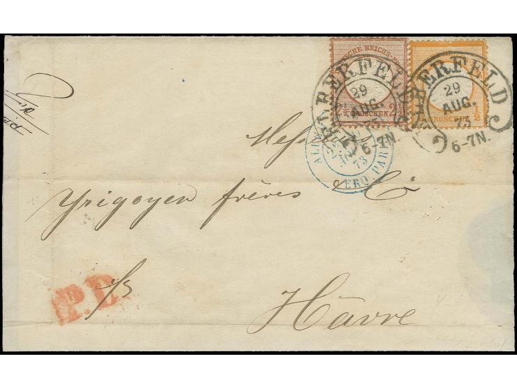  2½ Gr. lilabraun und ½ Gr. orange mit Hufeisenstempel "ELBERFELD 29 AUG. 73" (Spalink-Nr. 12-4) auf Faltbrief ohne seitliche