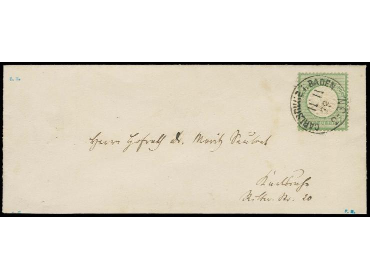 1 Kr. gelblichgrün, sehr gut erhalten und besonders schön und erhaben geprägt, mit EKr. "CARLSRUHE i. BADEN 11 11 73" auf Ort