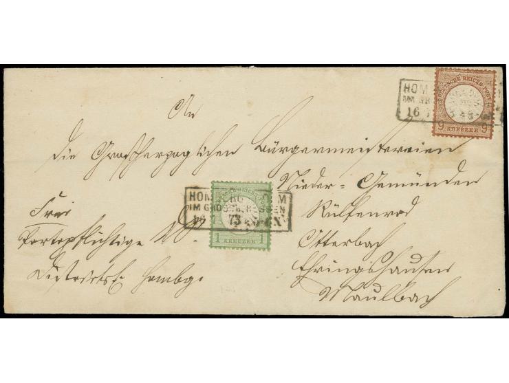 1 Kr. gelblichgrün und 9 Kr. rötlichbraun mit Ra3 "HOMBERG A.D. OHM / IM GROSSH. HESSEN / 16 7 73" auf Dienst-Faltbrief an di