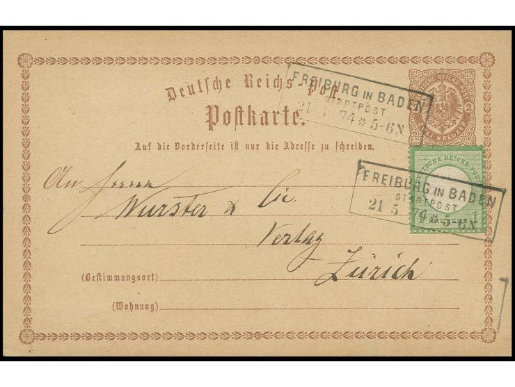 1 Kr. gelblichgrün als Zufrankatur auf Ganzsachenkarte 2 Kr., Ausgabe 1873 mit Ra3 "FREIBURG IN BADEN / STADTPOST / 21 5 74" 