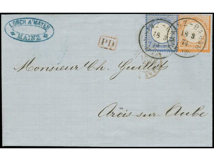  2 Kr. orange und 7 Kr. grauultramarin mit klarem EKr. "MAINZ-BAHNH. 18 3 74" auf Faltbrief nach Frankreich mit rotem Eingang