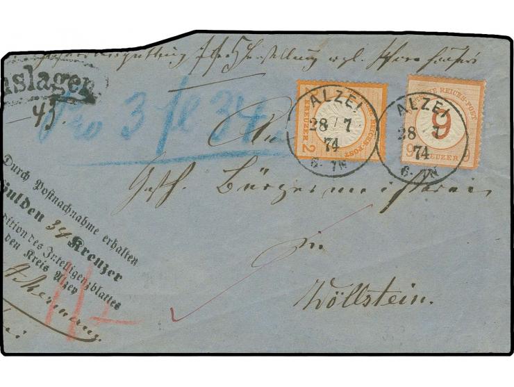  2 Kr. orange und 9 auf 9 Kr. braunorange, beide farbfrisch, gut geprägt und gezähnt mit jeweils klarem EKr. "ALZEI 28/7 74" 