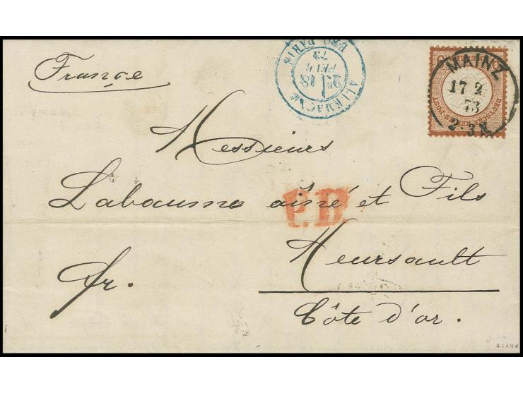 9 Kr. rötlichbraun in besonders dunkler Nuance mit zentrisch klarem EKr. "MAINZ 17 2 73" auf Faltbrief nach Frankreich, einwa