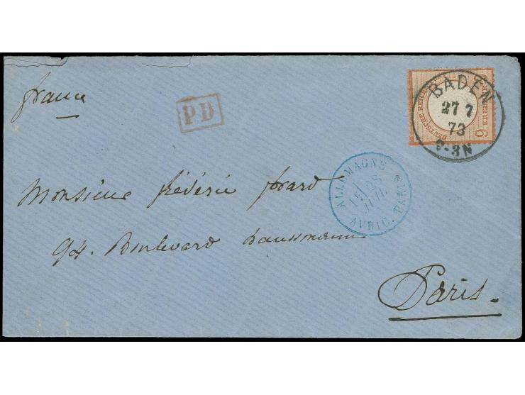  9 Kr. rötlichbraun mit klarem EKr. "BADEN 27 7 73" auf Brief nach Paris, Marke minimal eckrund sonst gute Erhaltung, sign. S