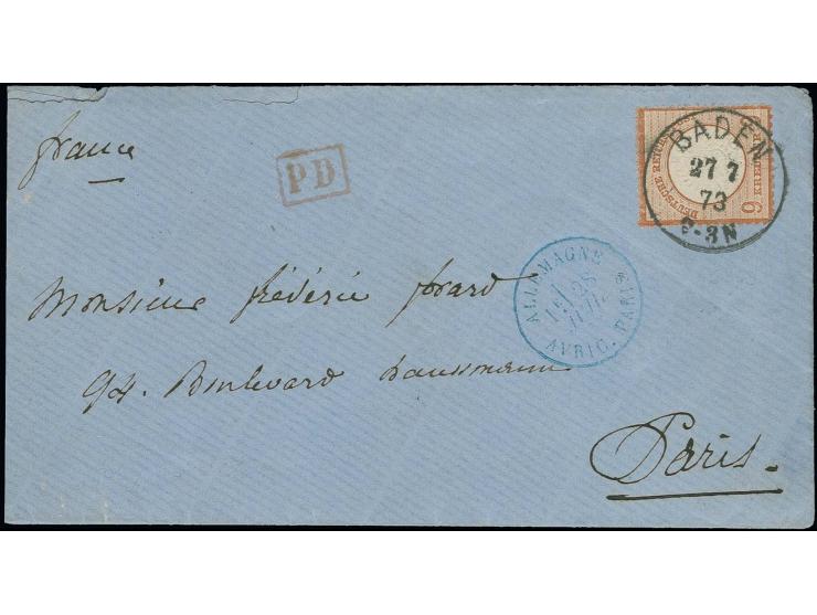  9 Kr. rötlichbraun mit klarem EKr. "BADEN 27 7 73" auf Brief nach Paris, Marke minimal eckrund sonst gute Erhaltung, sign. S
