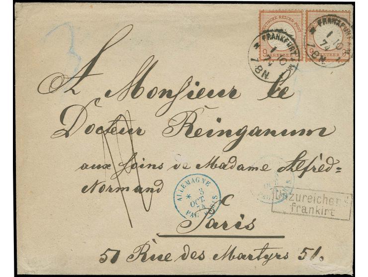  9 Kr. rötlichbraun (2) mit EKr. "FRANKFURT A.M.  1 10 74" auf unzureichend frankiertem Brief der 3. Gewichtsstufe nach Frank