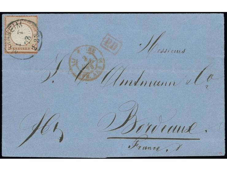 9 Kr. lilabraun, farbfrisch, deutlich geprägt und gut gezähnt mit EKr. "MANNHEIM 1 7 73" auf Faltbrief nach Bordeaux, Fotoatt