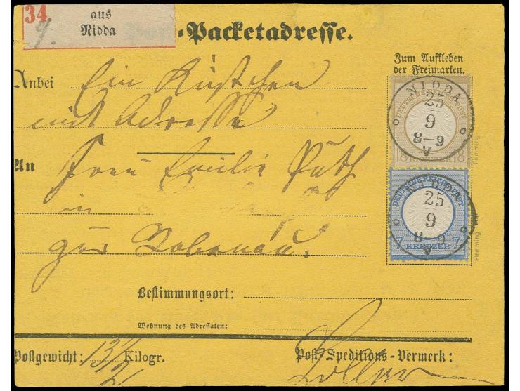 18 Kr. ockerbraun und 7 Kr. grauultramarin mit jeweils ideal zentrisch abgeschlagenem T&T-EKr. "NIDDA 25/9" auf gelber Paketk