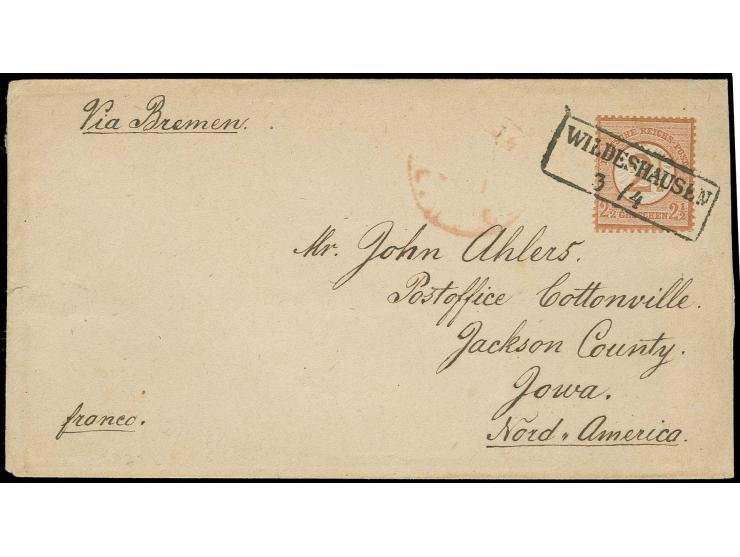 2½ auf 2½ Gr. braunorange mit klarem Oldenburg Ra2 "WILDESHAUSEN 3/4" auf Transatlantik-Brief aus bekannter Korrespondenz nac