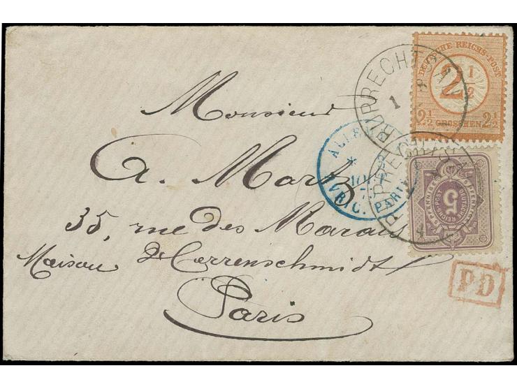  2½ auf 2½ Gr. braunorange und 5 Pfge. violett, Ausgabe 1875 mit EKr. "RUPRECHTSAU 1 8 75" auf kleinem Briefumschlag (im Rand