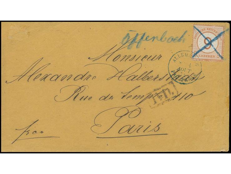  9 auf 9 Kr. braunorange mit Blaustiftentwertung und nebengesetztem handschriftlichem Aufgabevermerk "Offenbach" auf Brief na