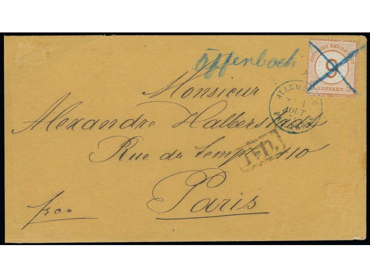  9 auf 9 Kr. braunorange mit Blaustiftentwertung und nebengesetztem handschriftlichem Aufgabevermerk "Offenbach" auf Brief na