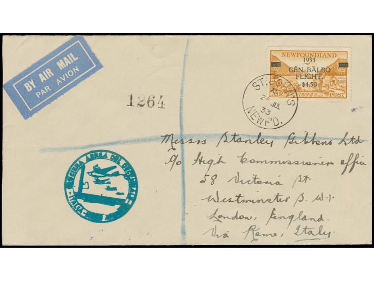 Balbo flight, mail from Newfoundland, 4,50$ yellow-brown on cover from "ST. JOHN'S 26 JUL 33" to London with special blue arr
