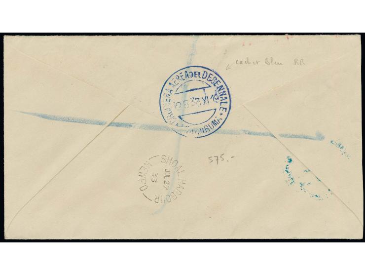 Balbo flight, mail from Newfoundland, 4,50$ yellow-brown on cover from "ST. JOHN'S 26 JUL 33" to London with special blue arr