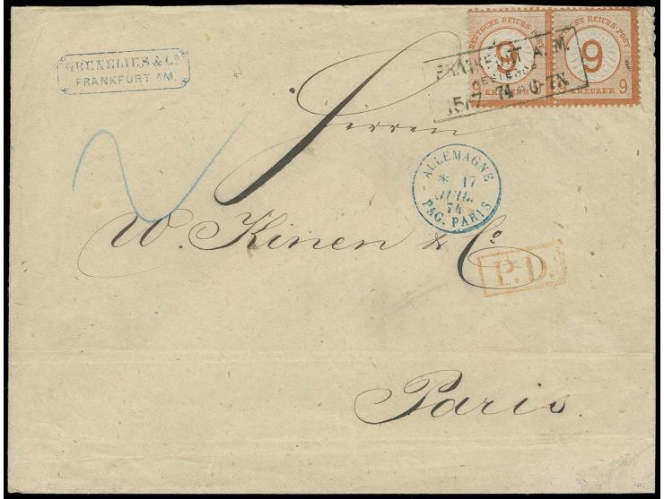  9 auf 9 Kr. braunorange im waagerechten Paar mit Ra3 "FRANKURT A.M. / WESTENDE / 15 7 74" als Mehrfachfrankatur auf Brief de