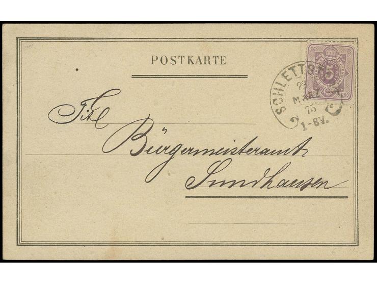 5 Pfge. im schmalen Format mit klarem Hufeisenstempel "SCHLETTSTADT 23 MÄRZ 75" auf Verteterkarte, Kabinett, Kurzbefund Wiega