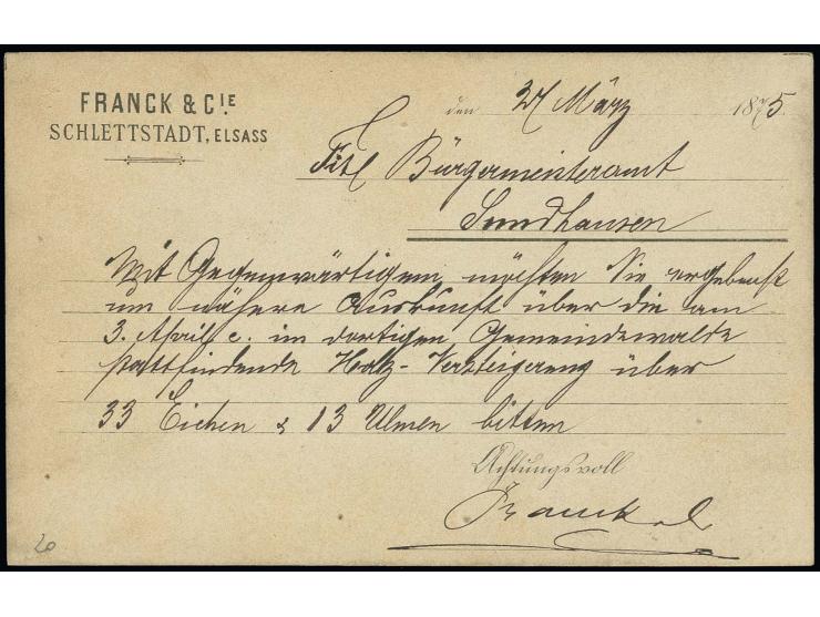 5 Pfge. im schmalen Format mit klarem Hufeisenstempel "SCHLETTSTADT 23 MÄRZ 75" auf Verteterkarte, Kabinett, Kurzbefund Wiega
