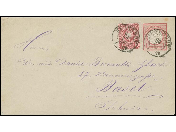 10 Pfge. karmin als Zufrankatur auf Ganzsachenumschlag Großer Schild 1 Gr. mit Sachsen-DKr. "HERRNHUT 24 XII 74" in die Schwe