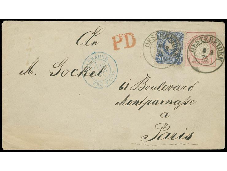 20 Pfge. grauultramarin als Zusatzfrankatur auf Ganzsachenumschlag Großer Schild 1 Gr. mit Preußen-DKr. "OESTEREIDEN 8 3 75" 