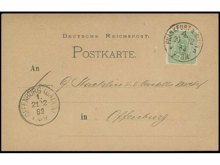 3 Pfg. mittelgelblichgrün (zartsmaragdgrün), sauber gestempelt "FRANKFURT a. MAIN 4. 20 12 84" auf Drucksachenkarte nach Offe