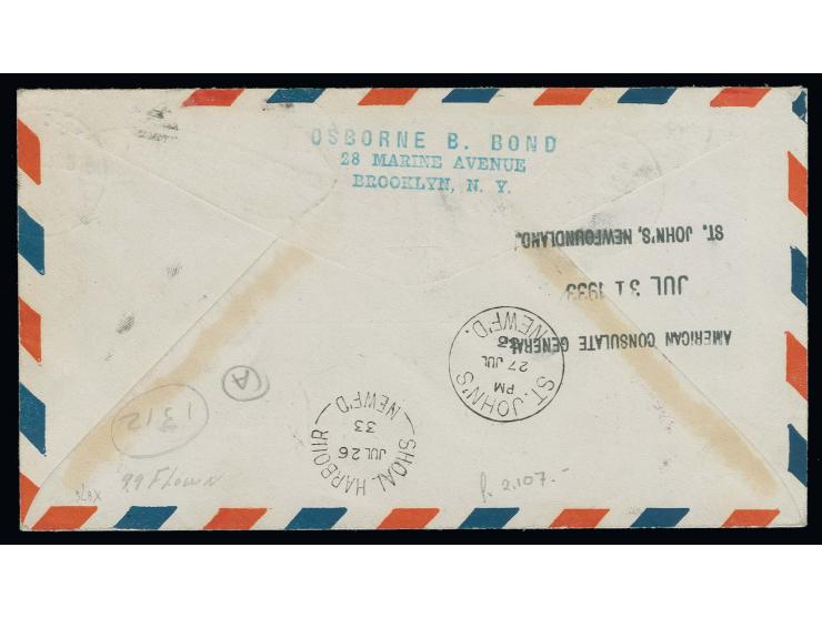 Balbo flight, mail from the U.S, cover from "NEW YORK JUL 24" to St. John's, Newfoundland, with special violet cachet "ITALIE