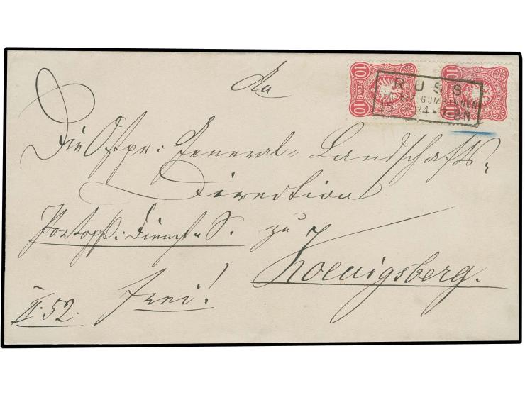 10 Pfg. rosarot, Zwischenstegpaar mit Ra3 "RUSS / REG. BEZ. GUMBINNEN / 15 2 84" auf Dienst-Faltbrief der 2. Gewichtsstufe na