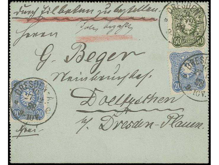 50 Pfg. dunkeloliv und 20 Pfg. dunkelultramarin (2) mit EKr. "DRESDEN 10 27.12.88" als portogerechte Frankatur auf Eilboten-K