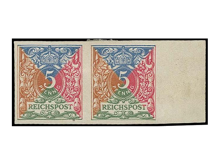 PROBEDRUCK: 1894/95, 5 Pfg. mit kreuzweise angeordneter Farbgebung blau/rot/grün/braun, waagerechtes Paar mit rechtem Bogenra