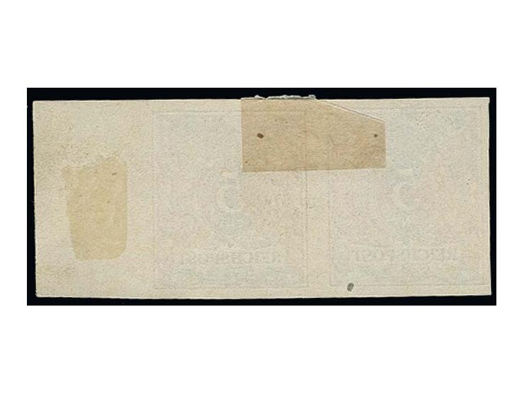 PROBEDRUCK: 1894/95, 5 Pfg. mit kreuzweise angeordneter Farbgebung blau/rot/grün/braun, waagerechtes Paar mit rechtem Bogenra