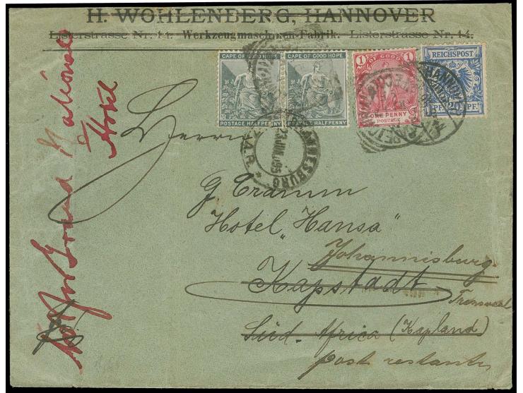 20 Pfg. violettultramarin auf Geschäftsbrief von Hannover 1895 nach Kapstadt, hier erneut frankiert und weitergesandt nach Tr