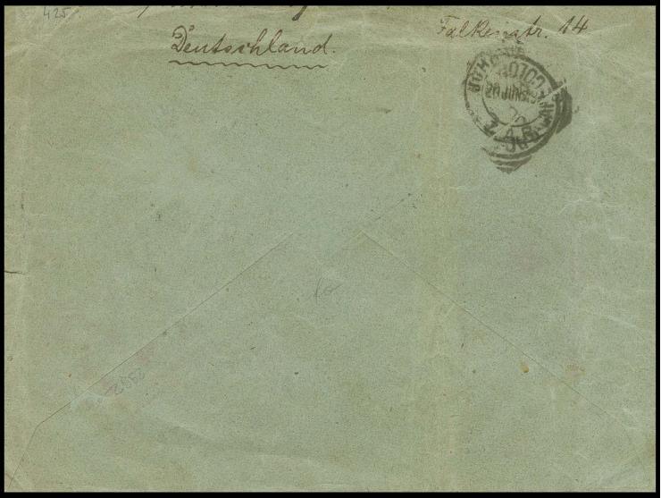 20 Pfg. violettultramarin auf Geschäftsbrief von Hannover 1895 nach Kapstadt, hier erneut frankiert und weitergesandt nach Tr