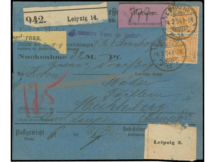 25 Pfg. gelblichorange, 2 waagerechte Paare und senkrechter 3er-Streifen vorder- und rückseitig auf Nachnahme-Paketkarte (lin