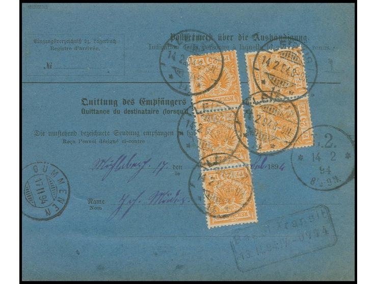25 Pfg. gelblichorange, 2 waagerechte Paare und senkrechter 3er-Streifen vorder- und rückseitig auf Nachnahme-Paketkarte (lin