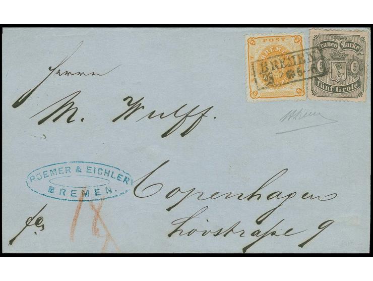  1866/67, 2 Grote gelblichorange und 5 Grote auf mattgraubraun, letztere rechts teils stumpfe Zähnung, ansonsten farbfrisch u