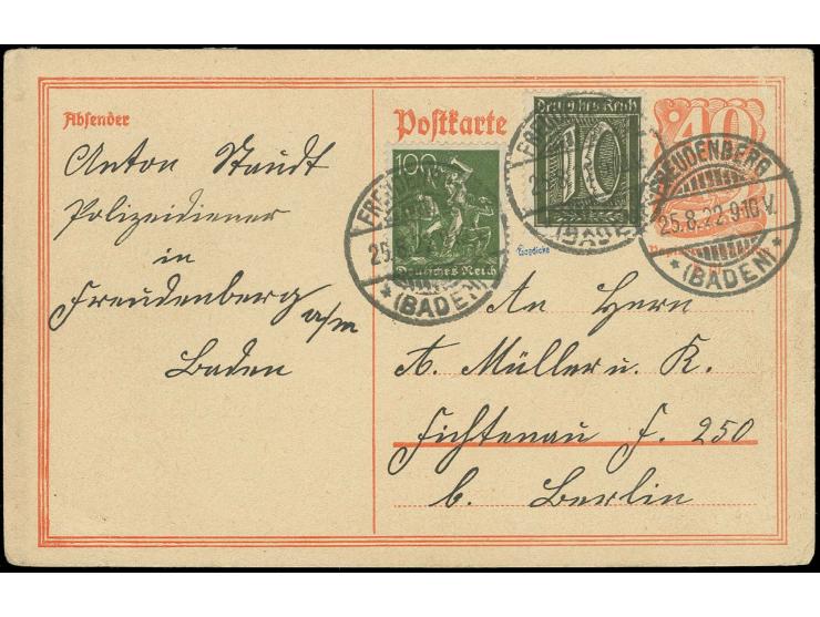 1921, Arbeiter und Ziffer mit Wz. Rauten: 10 Pfg. schwarzoliv und 100 Pfg. dunkelolivgrün als Zufrankatur auf Ganzsachenkarte