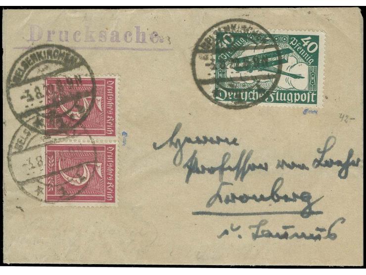 1921, Arbeiter und Ziffer mit Wz. Waffel: 5 Pfg. im waagerechten Paar und Flugpost 40 Pfg. schwärzlichgrün mit Stempel "GELSE