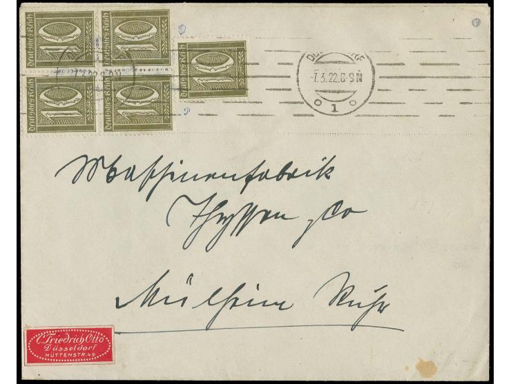 1921, Arbeiter und Ziffer mit Wz. Waffeln: 10 Pfg. im Viererblock und Einzelwert als portogerechte Mehrfachfrankatur auf Druc