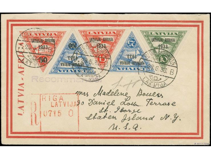 1933, Africaflight 10 s. - 100 s. on 25 s. tied by cds. "RIGA-LIDPASTS 28.5.33" to registered flown cover to Staten Island, U