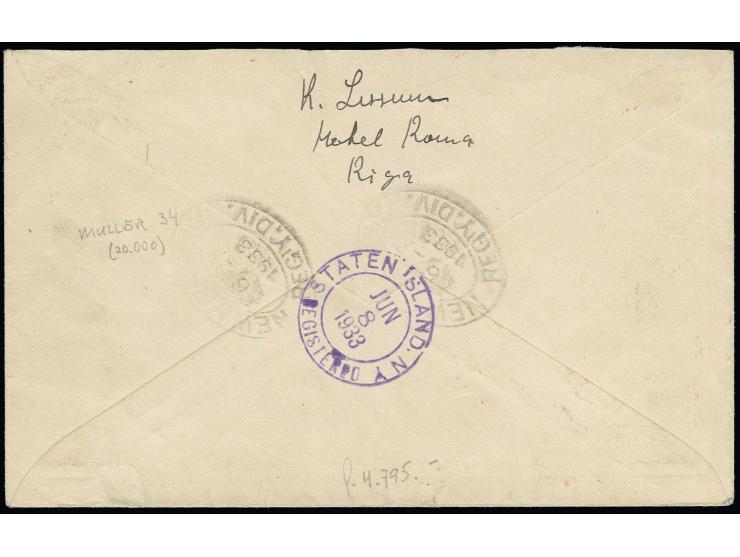 1933, Africaflight 10 s. - 100 s. on 25 s. tied by cds. "RIGA-LIDPASTS 28.5.33" to registered flown cover to Staten Island, U