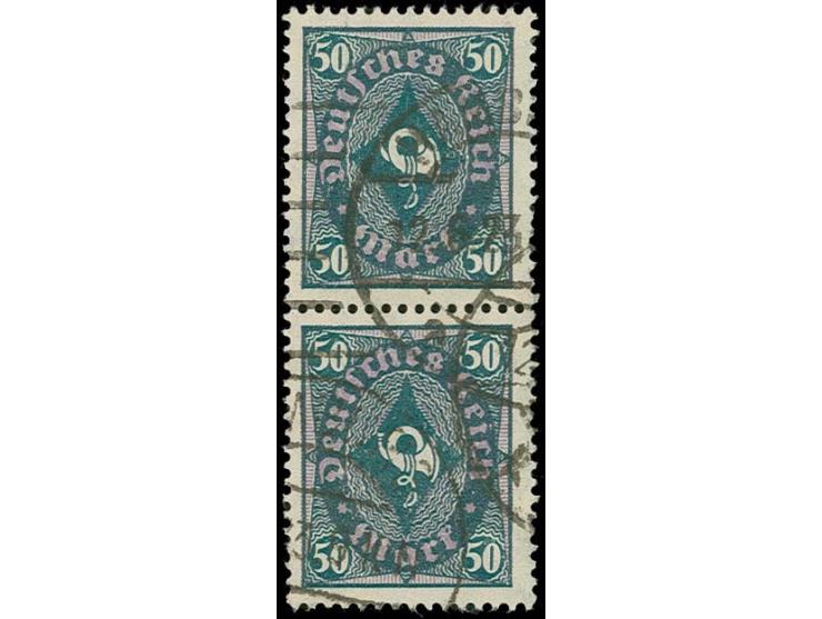 Posthorn 50 M. mit Wasserzeichen "Kreuzblüten", senkrechtes Paar, entwertet durch Maschinenstempel von Hamburg, Pracht, Fotoa