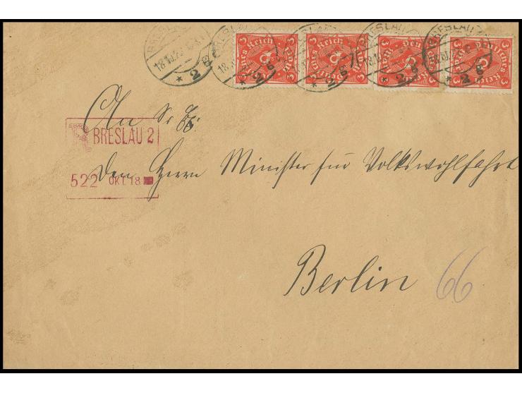 Posthorn 3 M. orangerot, 2 senkrechte Paare mit Stempel "BRESLAU 2 18.10.22" als portogerechte Mehrfachfrankatr auf R-Brief d