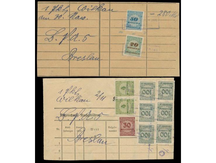 1923, 50 Mrd. M. und 20 Mrd. M. mit blauem Ra2 "B.P.A. Breslau Eing. 5.Jan.192" auf provis. Quittung für 1 Paket mit handschr