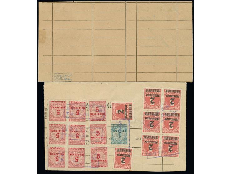 1923, 50 Mrd. M. und 20 Mrd. M. mit blauem Ra2 "B.P.A. Breslau Eing. 5.Jan.192" auf provis. Quittung für 1 Paket mit handschr