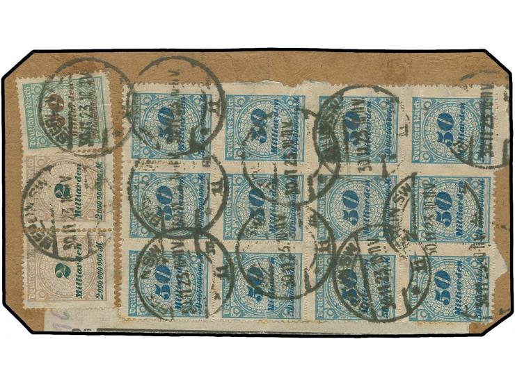 50 Mrd. im 12er-Block mit Zufrankatur mit Stempel "BERLIN 30.11.23" auf Briefstück, dabei jeweils eine Parallelerscheinung un