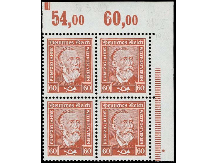 Heinrich von Stephan 60 Pfg. auf gestrichenem Papier, postfrischer 4er-Block aus der rechten oberen Bogenecke, im Rand Bleist