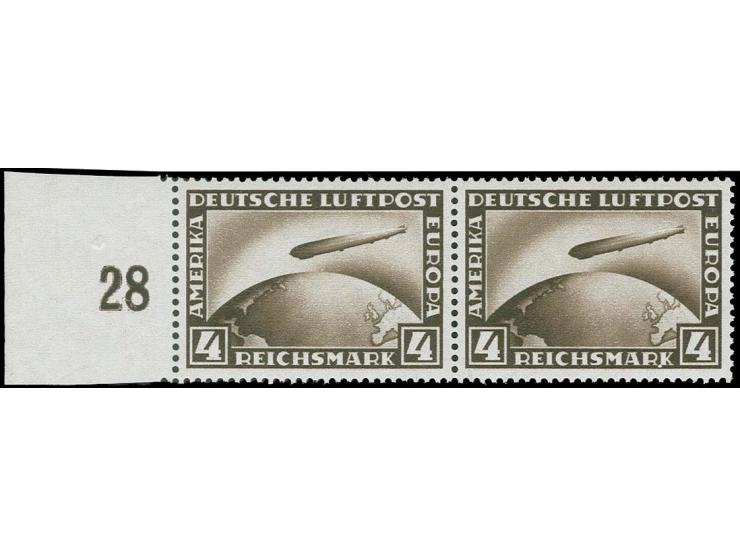 Zeppelin 4 M. im waagerechten Paar vom linken Bogenrand, rechte Marke mit Plattenfehler "weisser Punkt links unten am 'K' von