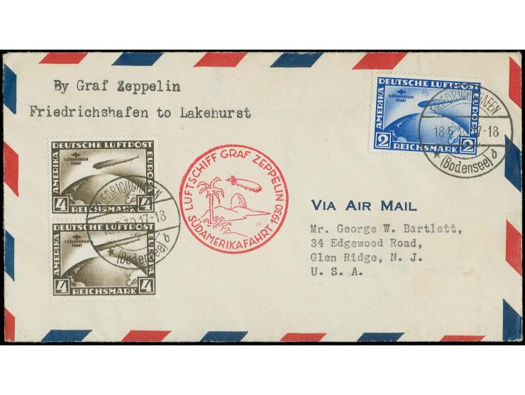 2 M. mit Plattenfehler "Mond über Luftschiff" und senkrechtes Paar 4 M. mit Stempel "FRIEDRICHSHAFEN 18.5.30" auf Zeppelinbri