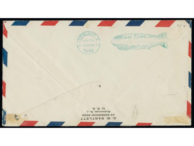 2 M. mit Plattenfehler "Mond über Luftschiff" und senkrechtes Paar 4 M. mit Stempel "FRIEDRICHSHAFEN 18.5.30" auf Zeppelinbri