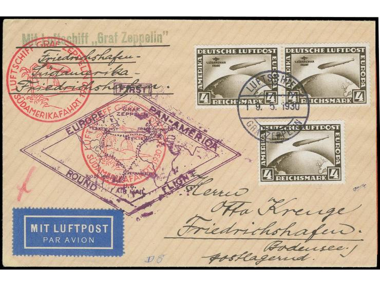 4 M. im waagerechten Paar und Einzelwert als portogerechte Mehrfachfrankatur auf Zeppelinbrief mit Bordpost-Stempel vom 19.5.